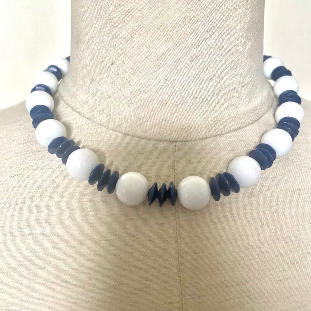 White and blue beaded necklace